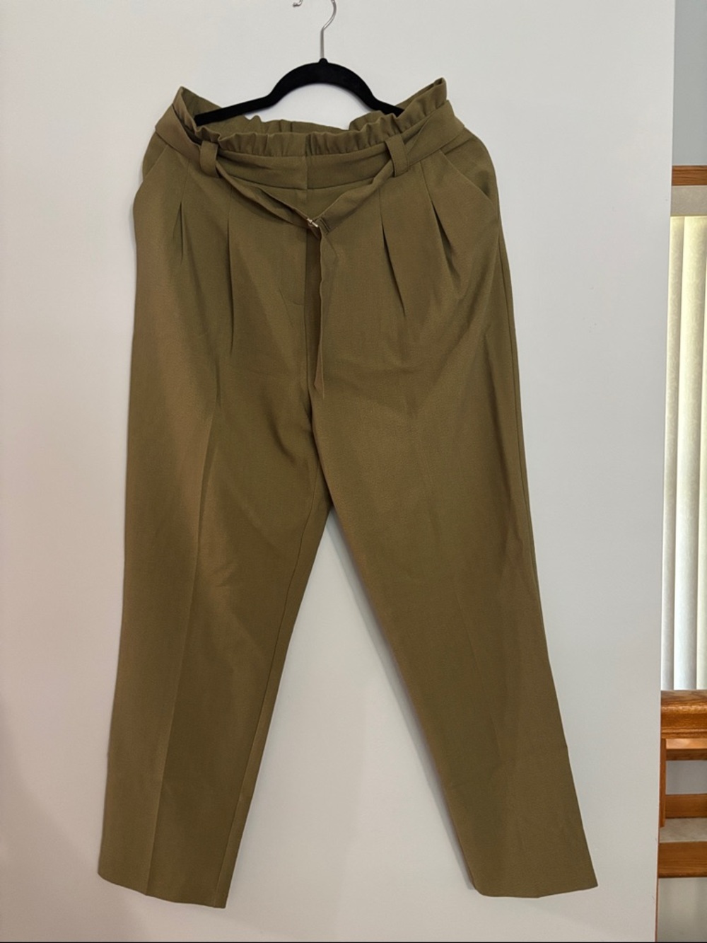 Topshop Olive Paperbag-Waist Tapered Chinos